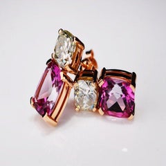 8.70 Carat Moissanite & Pink Topaz Cushion 18 Karat Rose Gold Earrings