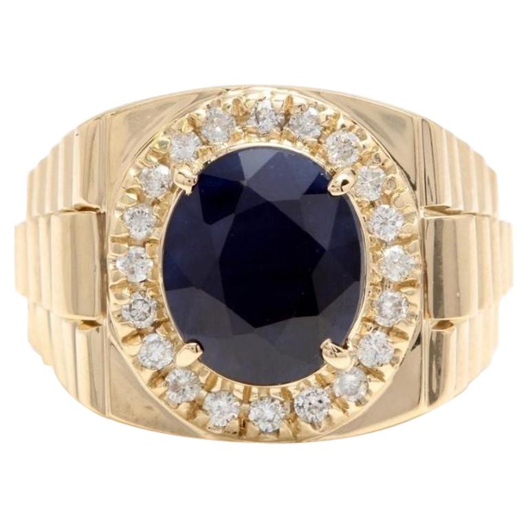 8.70 Carat Natural Diamond and Blue Sapphire 14 Karat Solid Gold Men's Ring For Sale