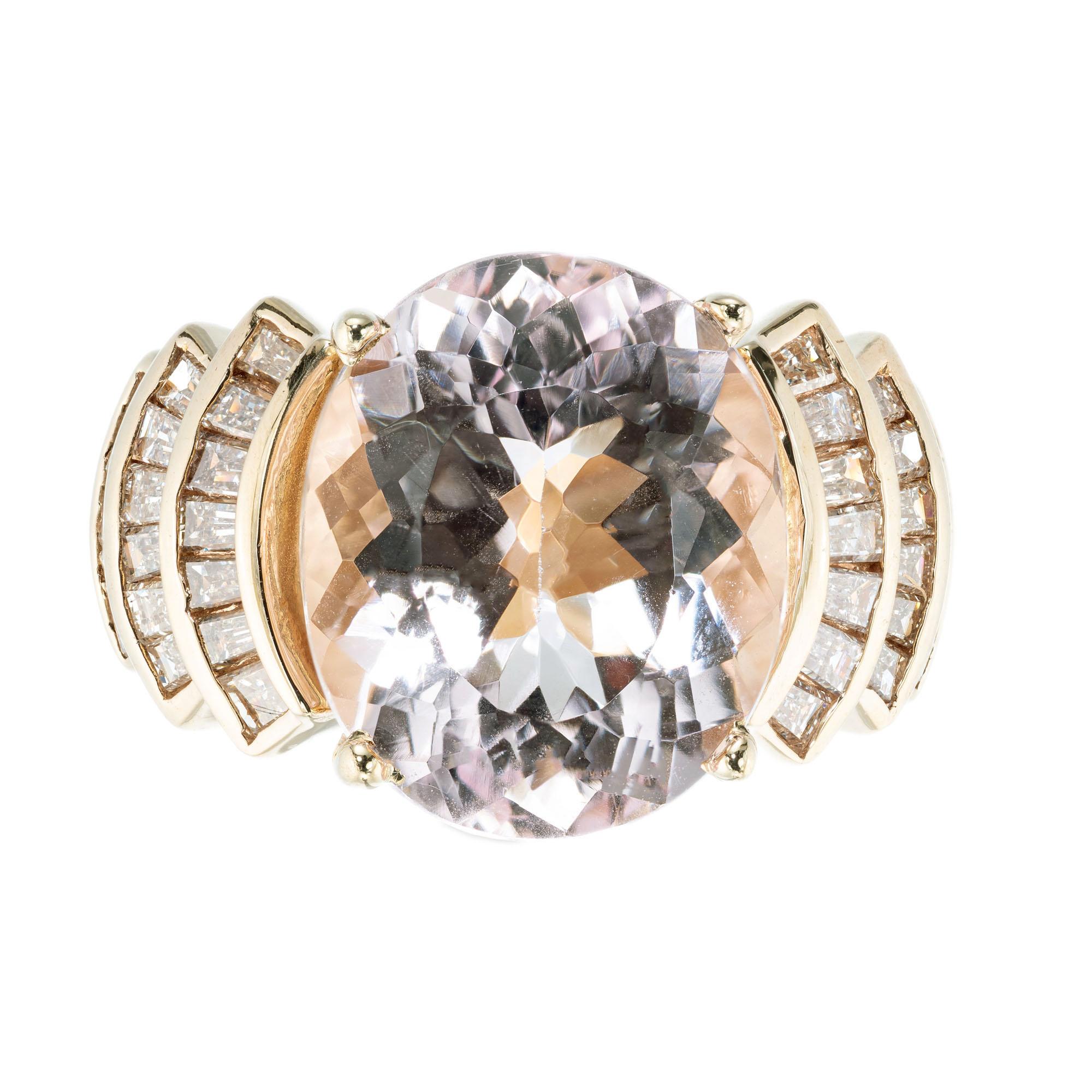 1960's Oval cut pink natural Morganite in a 14k yellow gold cocktail setting with 3 channel set step down sections with baguette diamonds. 

1 oval soft pink Morganite, approx. total weight 8.70cts, VS, 14.81 x 12.02 x 8.24mm
36 tapered baguette