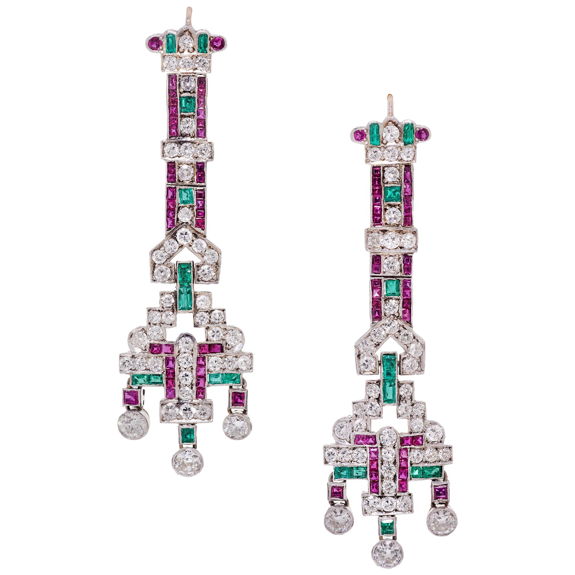 GIA Cert 8.70 Carat Ruby, Emerald, and Diamond Chandelier Earrings in 18 Karat