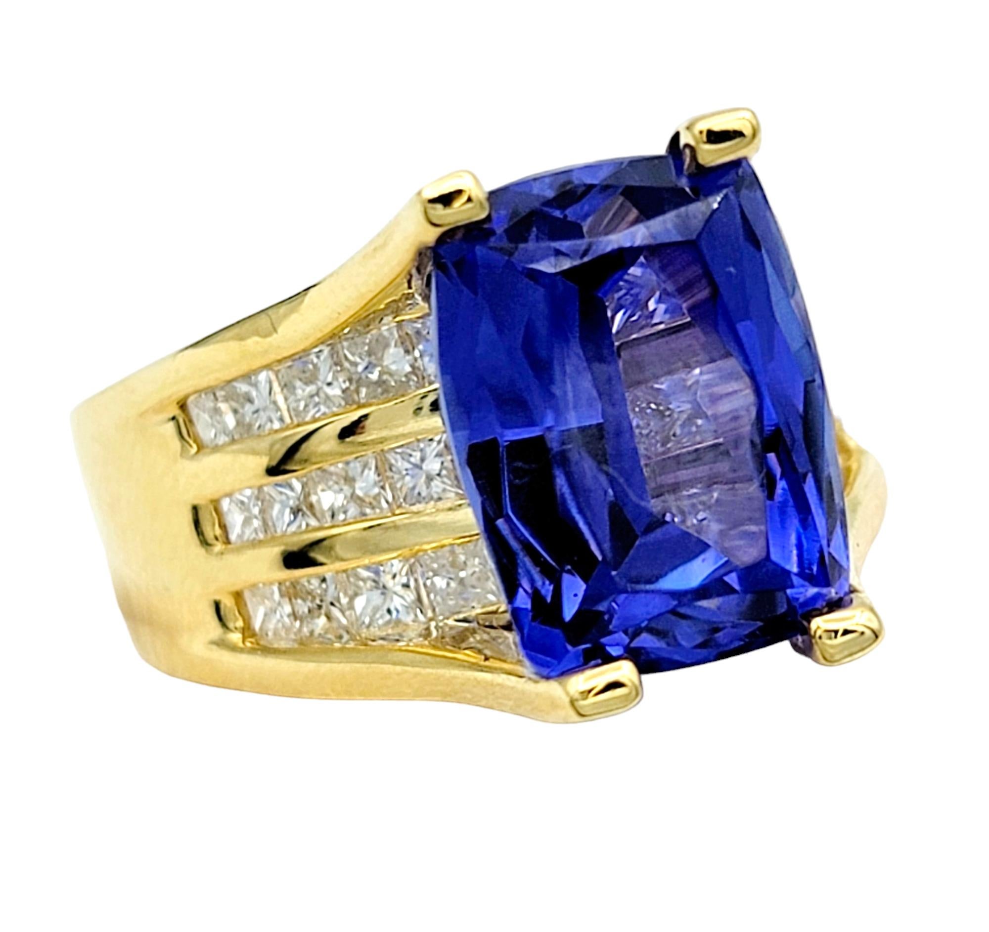 Contemporary 8.70 Carat Total Cushion Cut Tanzanite and Diamond Cocktail Ring 14 Karat Gold For Sale