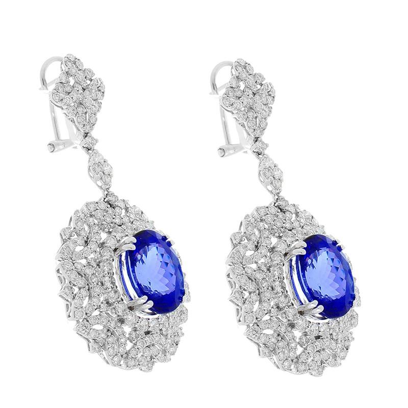 Contemporary 8.70 Carat Total Oval Tanzanite and Diamond Earrings in 18 Karat White Gold