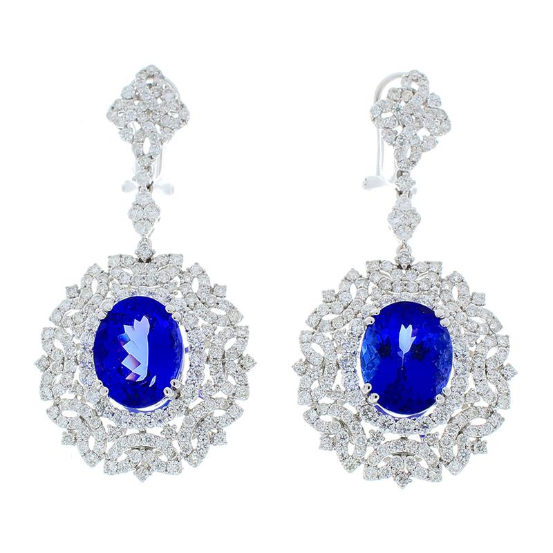 Oval Cut 8.70 Carat Total Oval Tanzanite and Diamond Earrings in 18 Karat White Gold