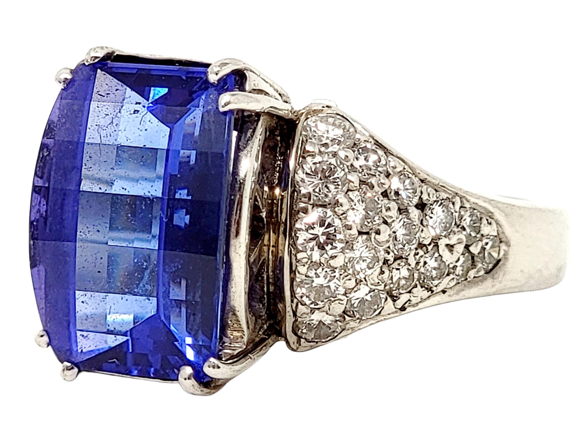 8.70 Carat Total Rectangular Step Cut Tanzanite and Pave Diamond Platinum Ring In Fair Condition For Sale In Scottsdale, AZ