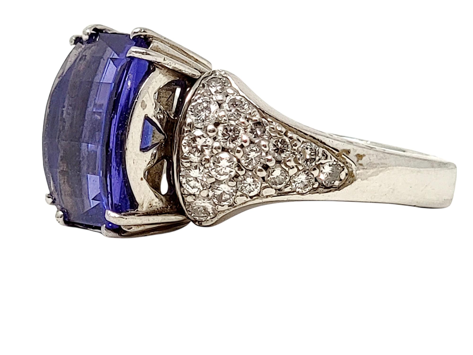 Women's 8.70 Carat Total Rectangular Step Cut Tanzanite and Pave Diamond Platinum Ring For Sale