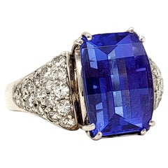 8.70 Carat Total Rectangular Step Cut Tanzanite and Pave Diamond Platinum Ring