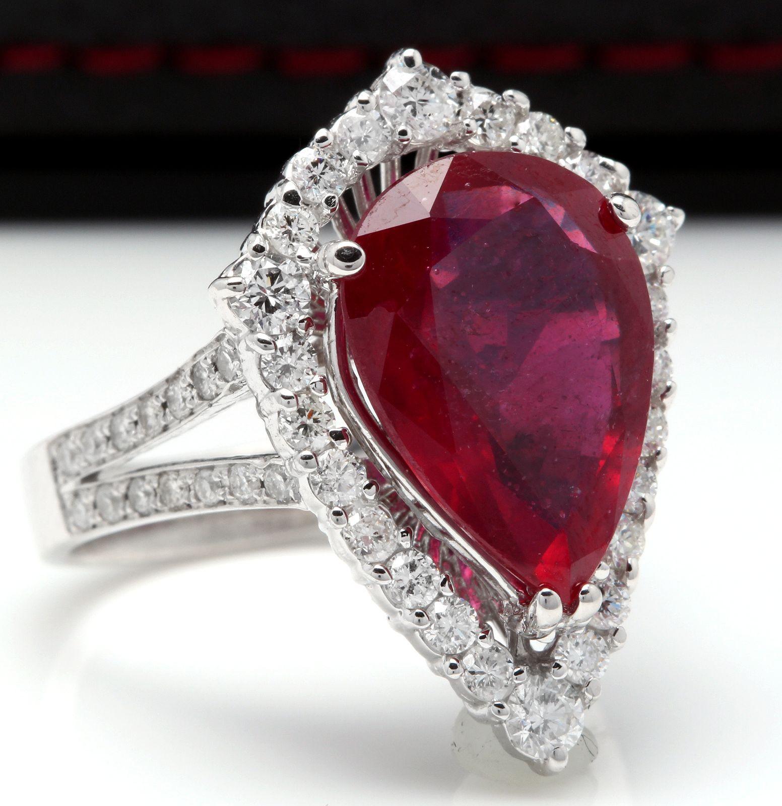 8.70 Carats Impressive Natural Red Ruby and Diamond 14K White Gold Ring

Suggested Replacement Value $6,900.00

Total Natural Red Ruby Weight is: Approx. 7.50 Carats 

Ruby Treatment: (lead glass filled)

Ruby Measures: Approx. 15.52 x 10.38mm