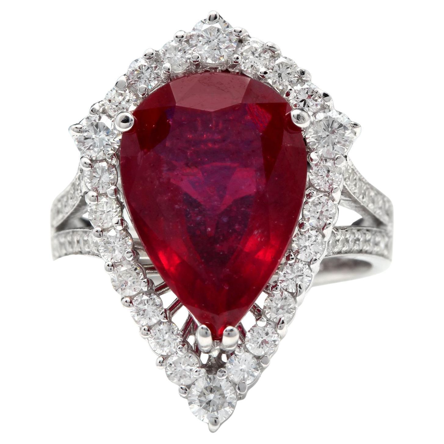 8.70 Carats Impressive Natural Red Ruby and Diamond 14K White Gold Ring For Sale