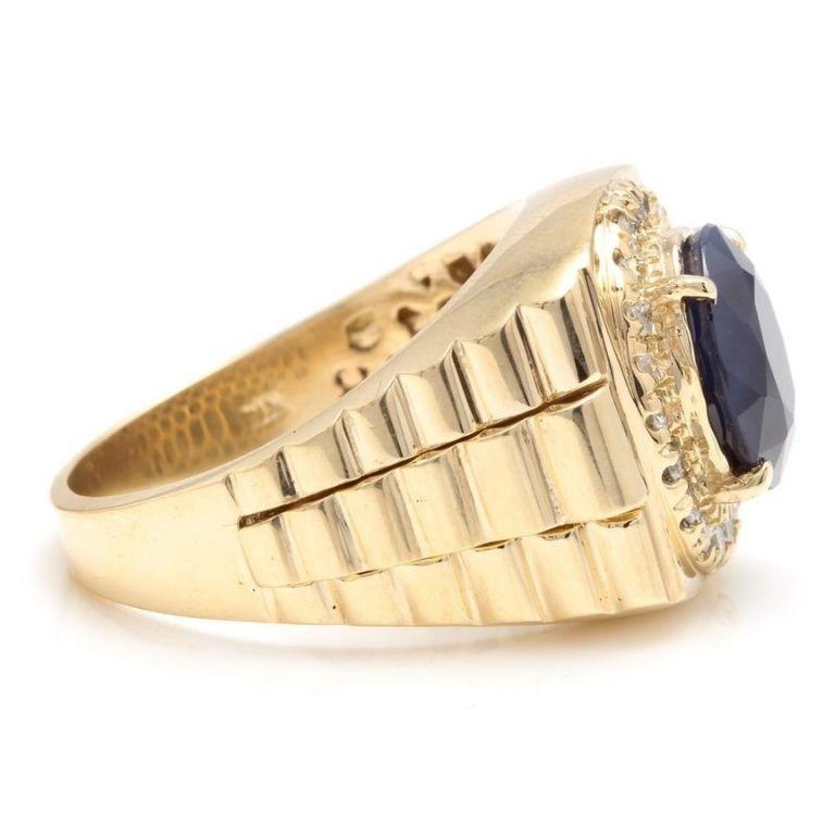 Emerald Cut 8.70 Carat Natural Diamond and Blue Sapphire 14 Karat Solid Gold Men's Ring For Sale