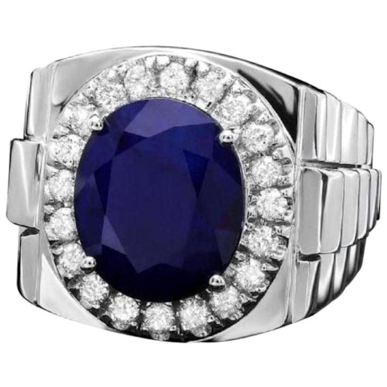 Bague pour homme en or blanc massif 18 carats avec diamants naturels de 8,70 carats et saphir bleu en vente