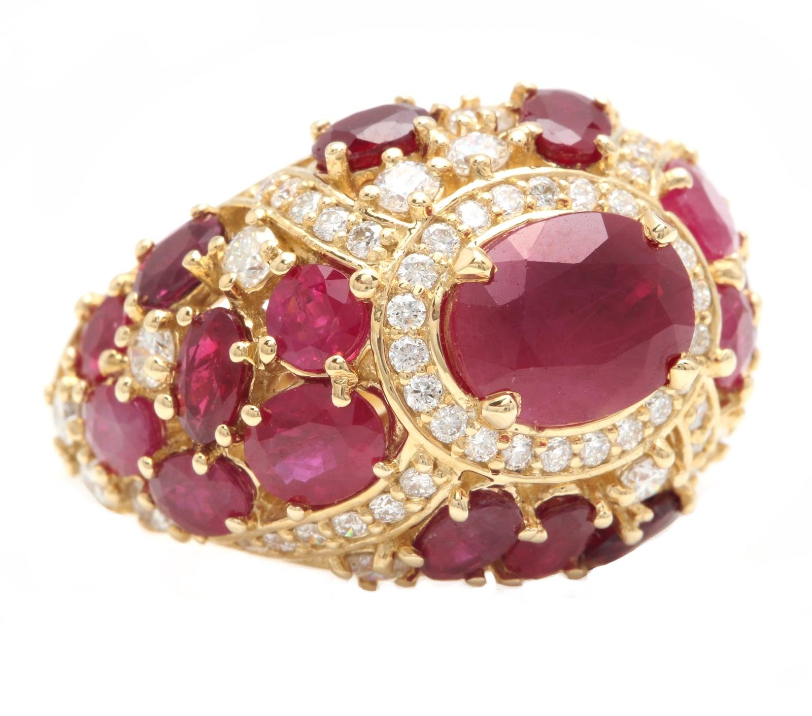 8.70 Carats Impressive Natural Red Ruby and Diamond 14K Yellow Gold Ring

Suggested Replacement Value $7,000.00

Total Natural Oval Red Ruby Weight is: Approx. 2.50 Carats 

Ruby Measures: Approx. 8.80 x 6.70mm (Heat Treated)

Side Natural Rubies