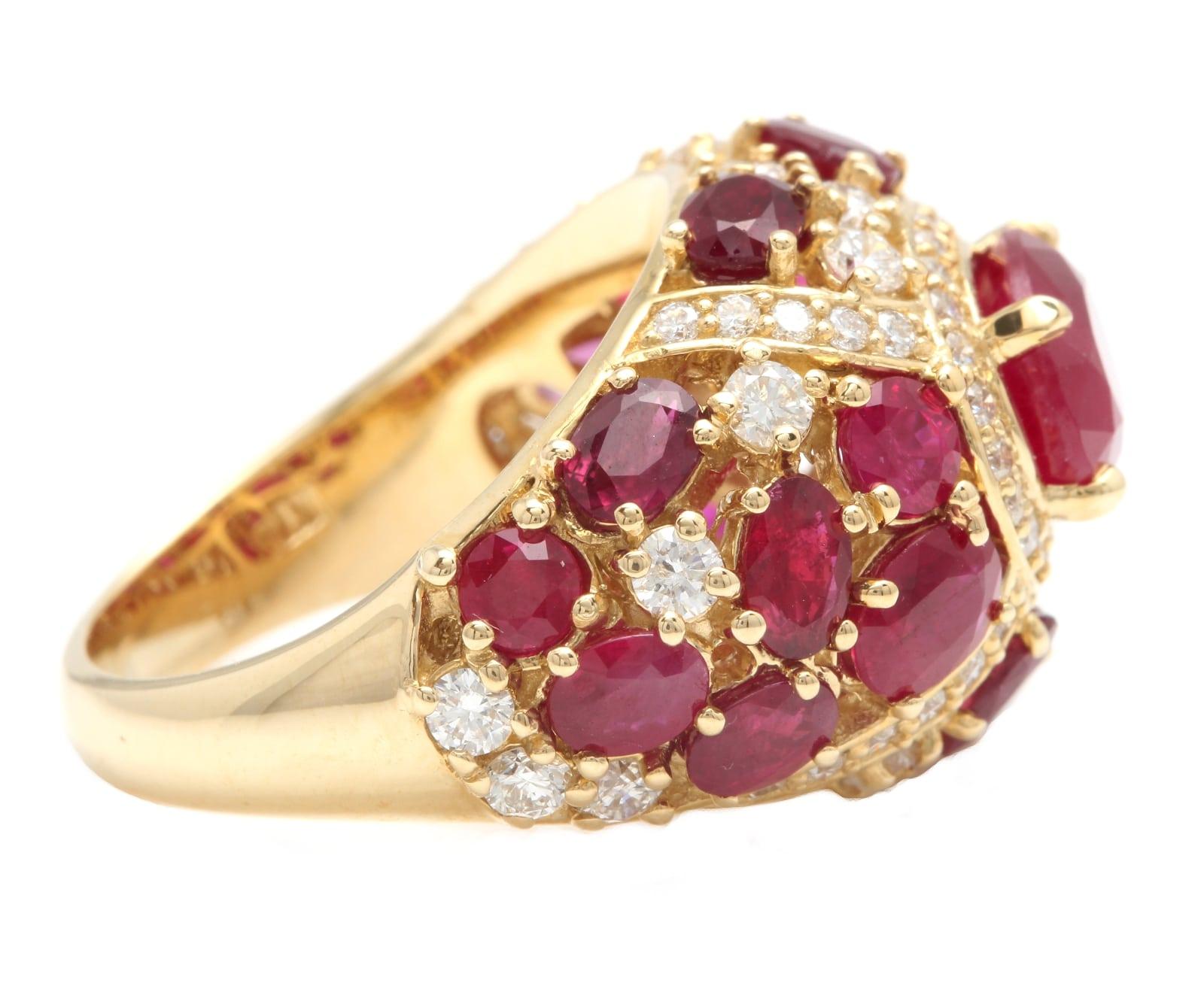 Mixed Cut 8.70 Carats Natural Red Ruby and Diamond 14K Solid Yellow Gold Ring For Sale
