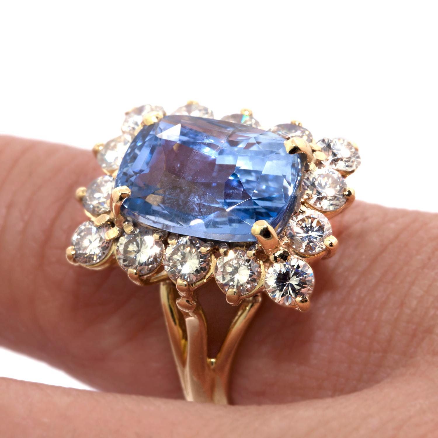 Women's 8.70 Carat Cushion Sapphire and Diamond Yellow Gold Cocktail Ring For Sale