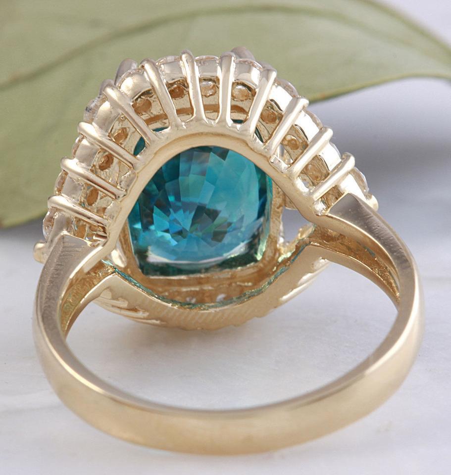 8.70 Ct Natural Very Nice Looking Blue Zircon and Diamond 14K Yellow Gold Ring For Sale 1
