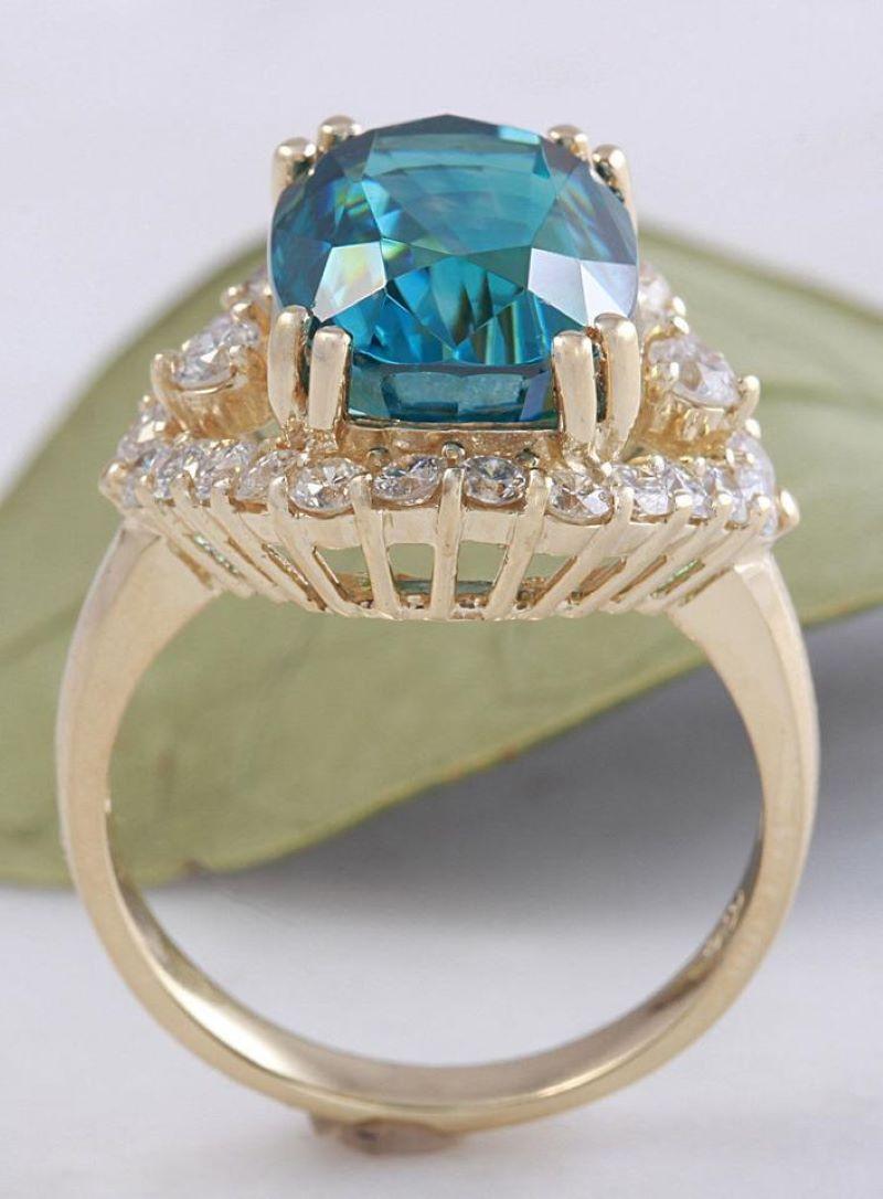 8.70 Ct Natural Very Nice Looking Blue Zircon and Diamond 14K Yellow Gold Ring For Sale 2