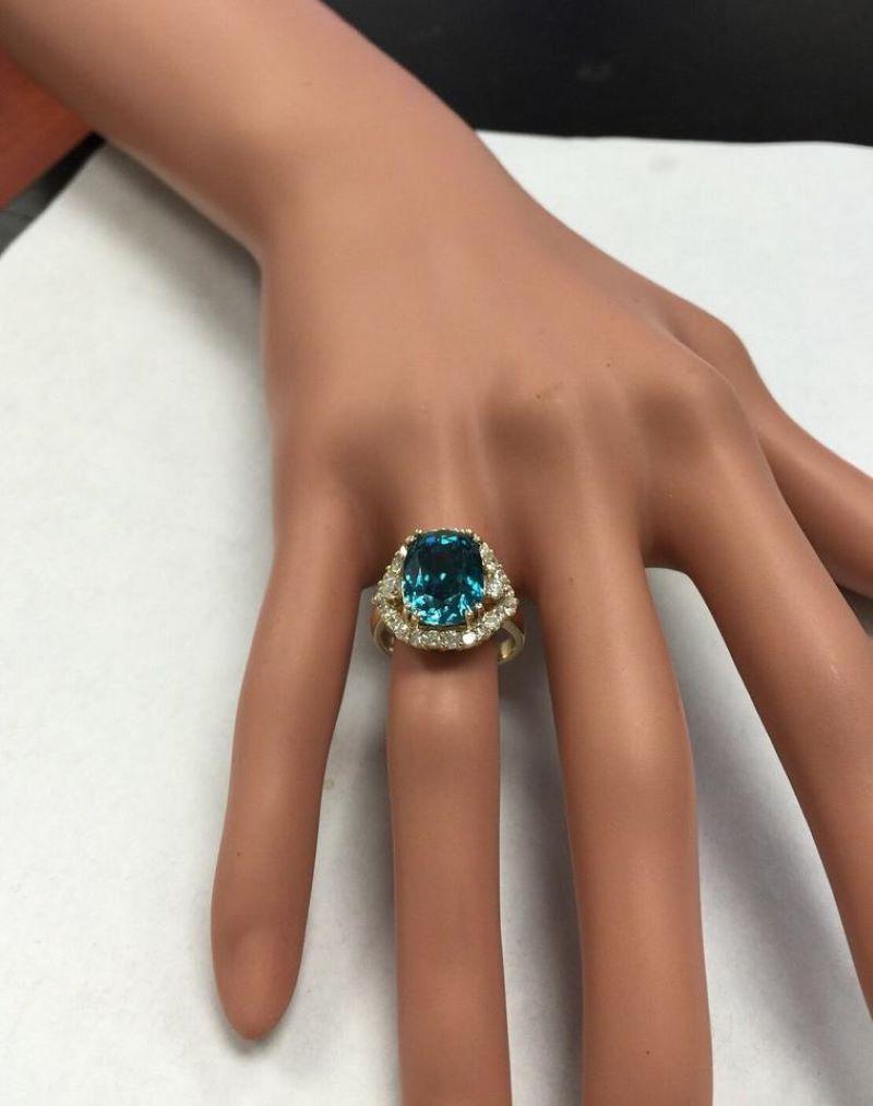 8.70 Ct Natural Very Nice Looking Blue Zircon and Diamond 14K Yellow Gold Ring For Sale 4