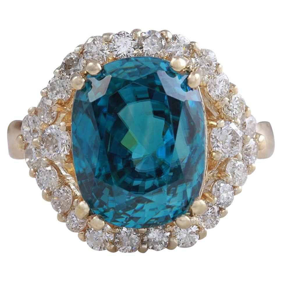 8.70 Ct Natural Very Nice Looking Blue Zircon and Diamond 14K Yellow Gold Ring