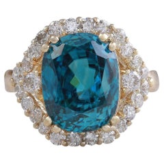 Bague en or jaune 14 carats avec zircon bleu naturel de 8,70 carats, très belle apparence et diamants