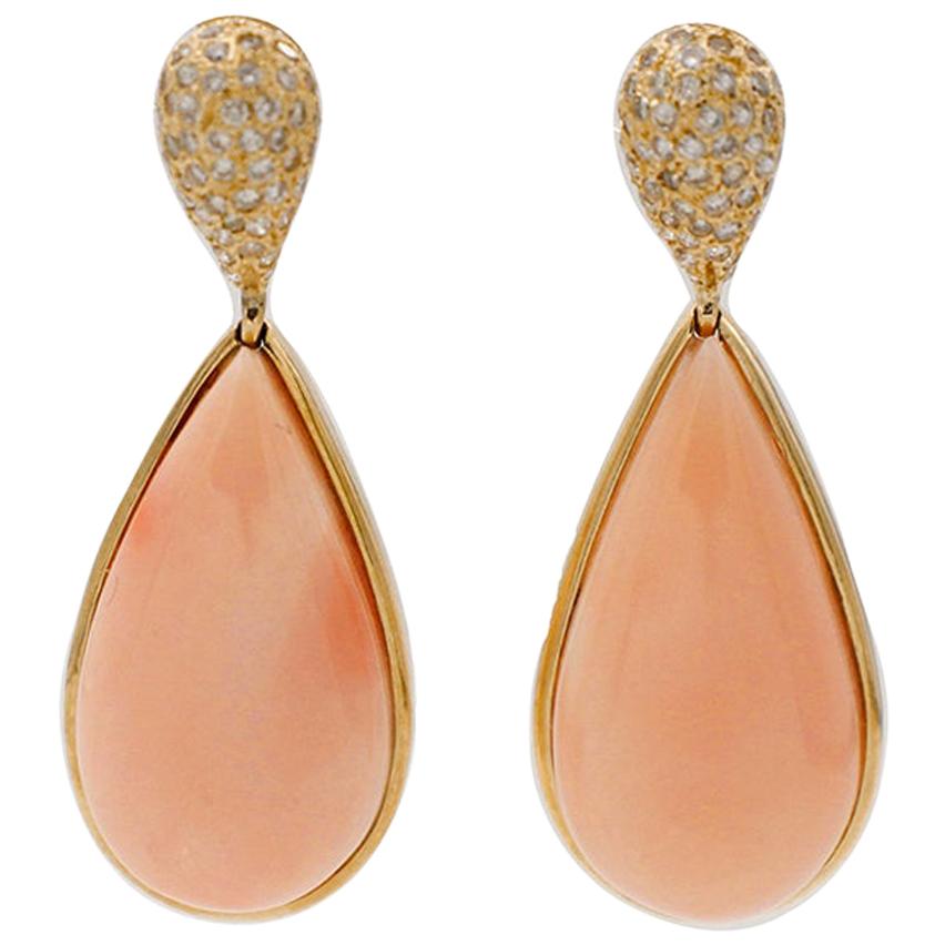 8.70 g Angel Skin Pink Coral, White Diamonds, 18 Karat Yellow Gold Drop Earrings