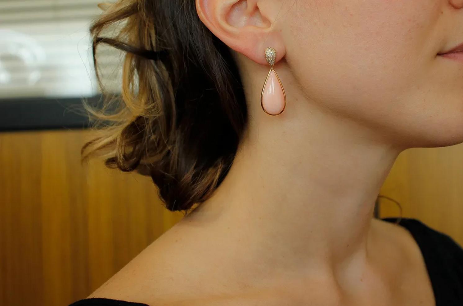 Retro 8.70 g Angel Skin Pink Coral, White Diamonds, 18 Karat Yellow Gold Drop Earrings
