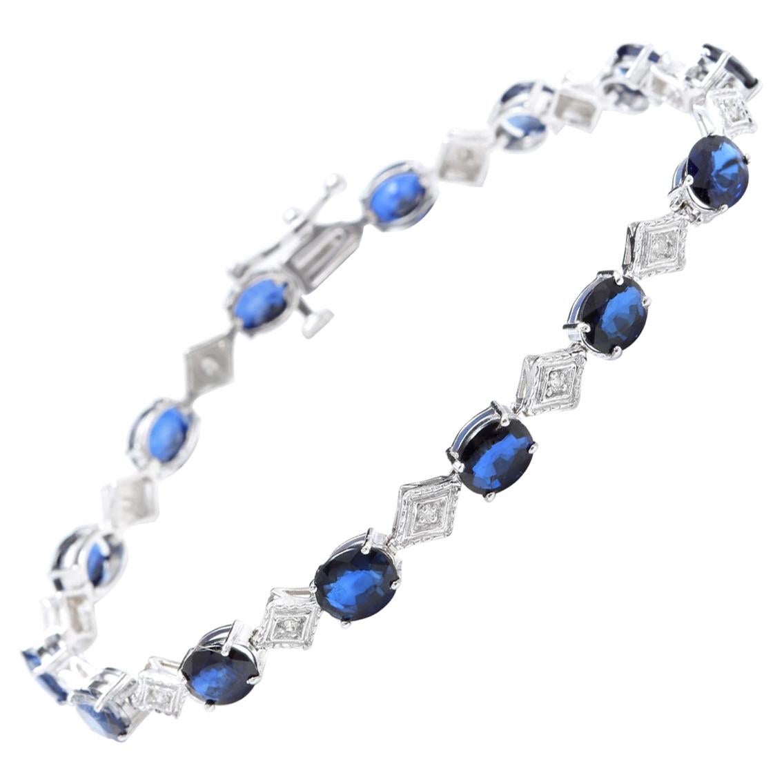 8.70 Natural Blue Sapphire and Diamond 14 Karat Solid White Gold Bracelet