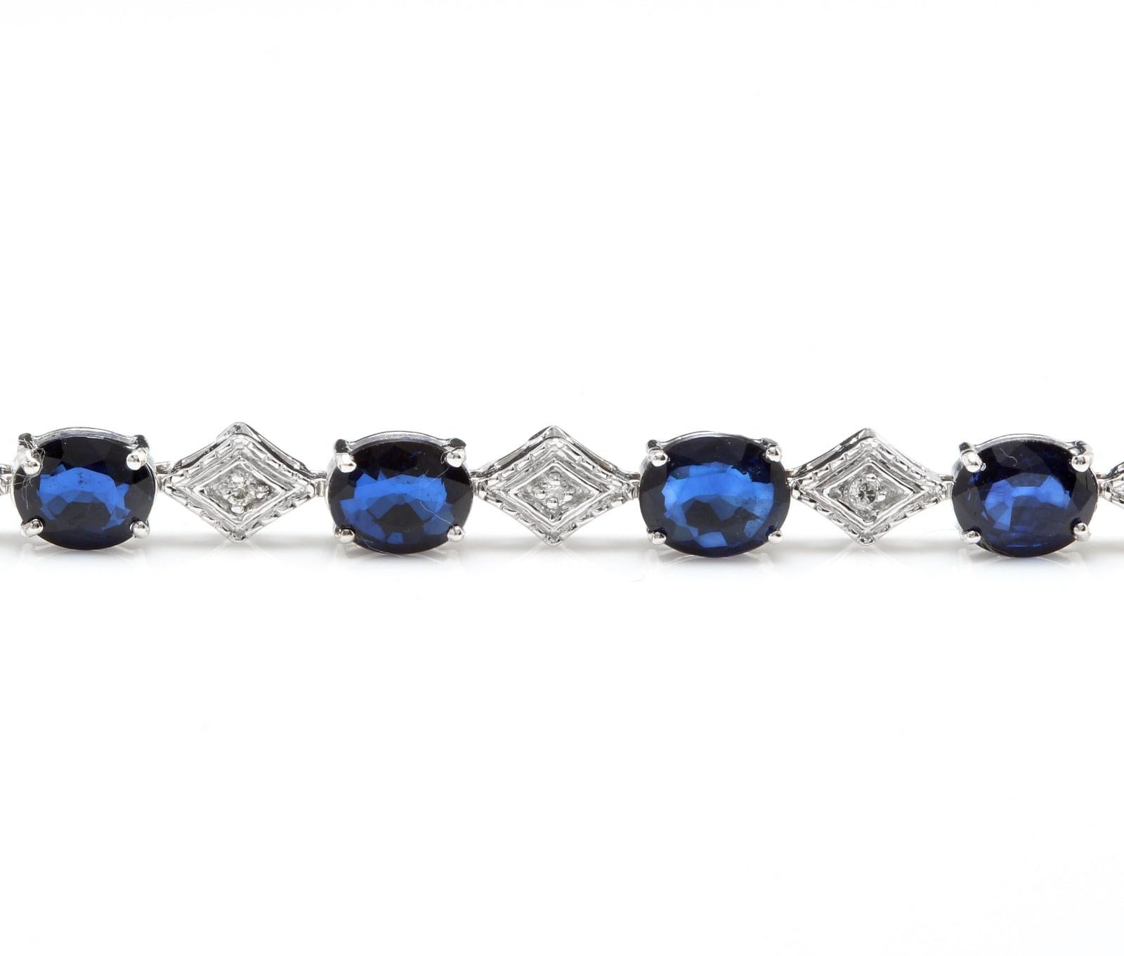 Very Impressive 8.70 Carats Natural Sapphire & Diamond 14K Solid White Gold Bracelet 

Suggested Replacement Value: $6,000.00

STAMPED: 14K

Total Natural Round Diamonds Weight: Approx. 0.20 Carats (color G-H / Clarity SI1-Si2)

Total Natural