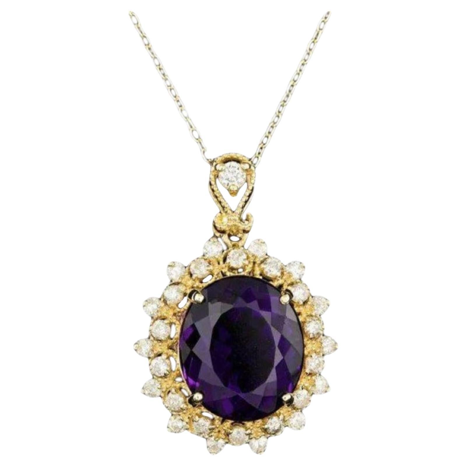 8.70Ct Natural Amethyst and Diamond 14K Solid Yellow Gold Necklace For Sale