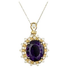 Halskette aus massivem Gelbgold mit 8,70 Karat natürlichem Amethyst und Diamant 14 Karat