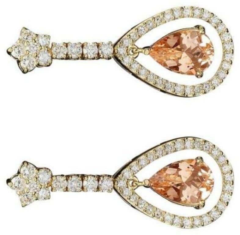 8.70 Carat Natural Morganite and Diamond 14 Karat Solid Yellow Gold Earrings In New Condition For Sale In Los Angeles, CA