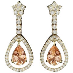 Boucles d'oreilles en or jaune massif 14 carats avec Morganite naturelle de 8,70 carats et diamants