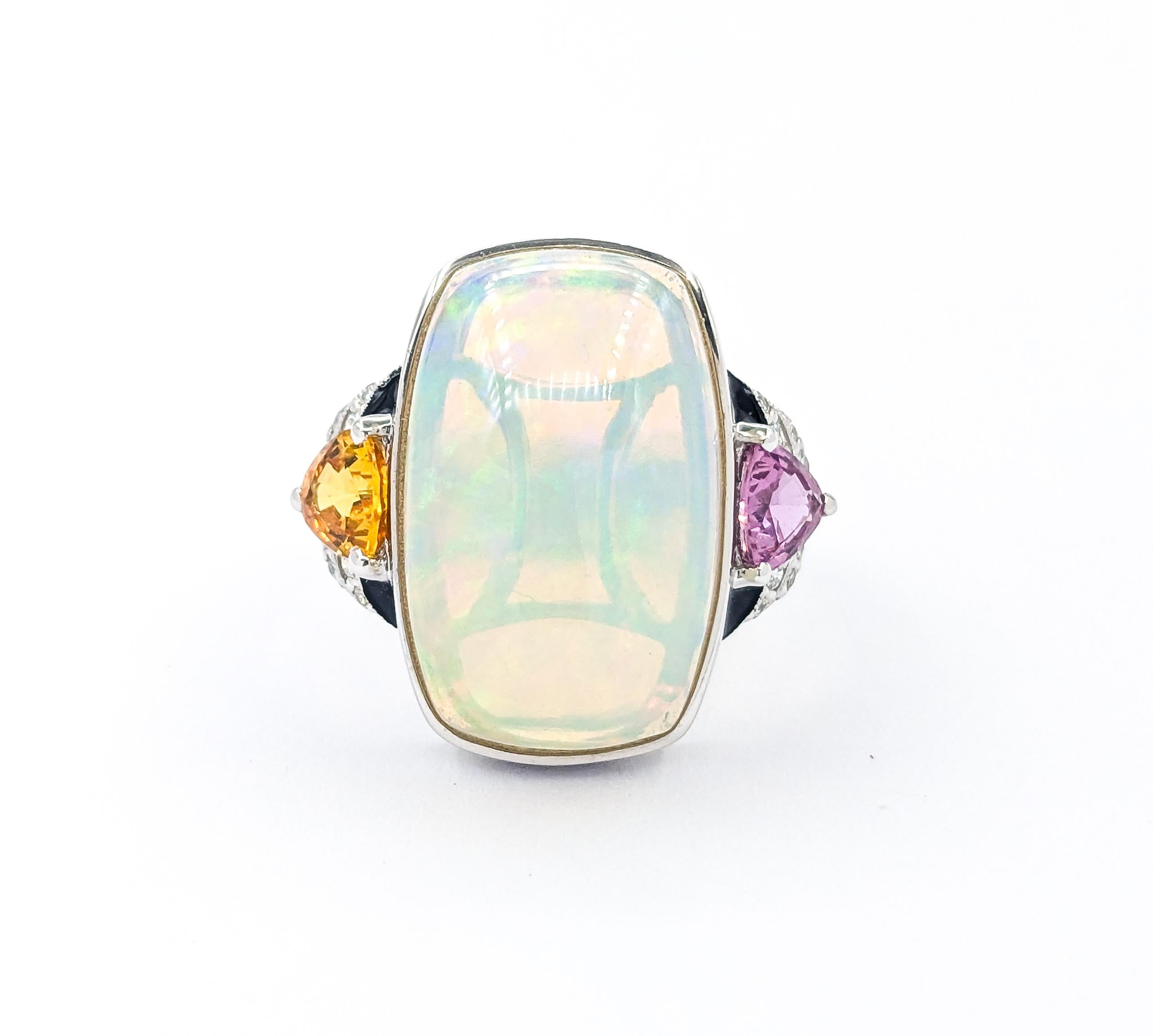 Ring aus Platin mit 8,70 Karat Opal, Cabochon, mehrfarbigem Saphir und Diamant 6