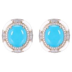 8.70Ct Sleeping Beauty Turquoise Diamond Enamel Earring in 14 Karat Yellow Gold