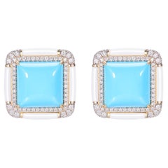 8.70Ct Sleeping Beauty Turquoise Diamond Enamel Earring in 14 Karat Yellow Gold