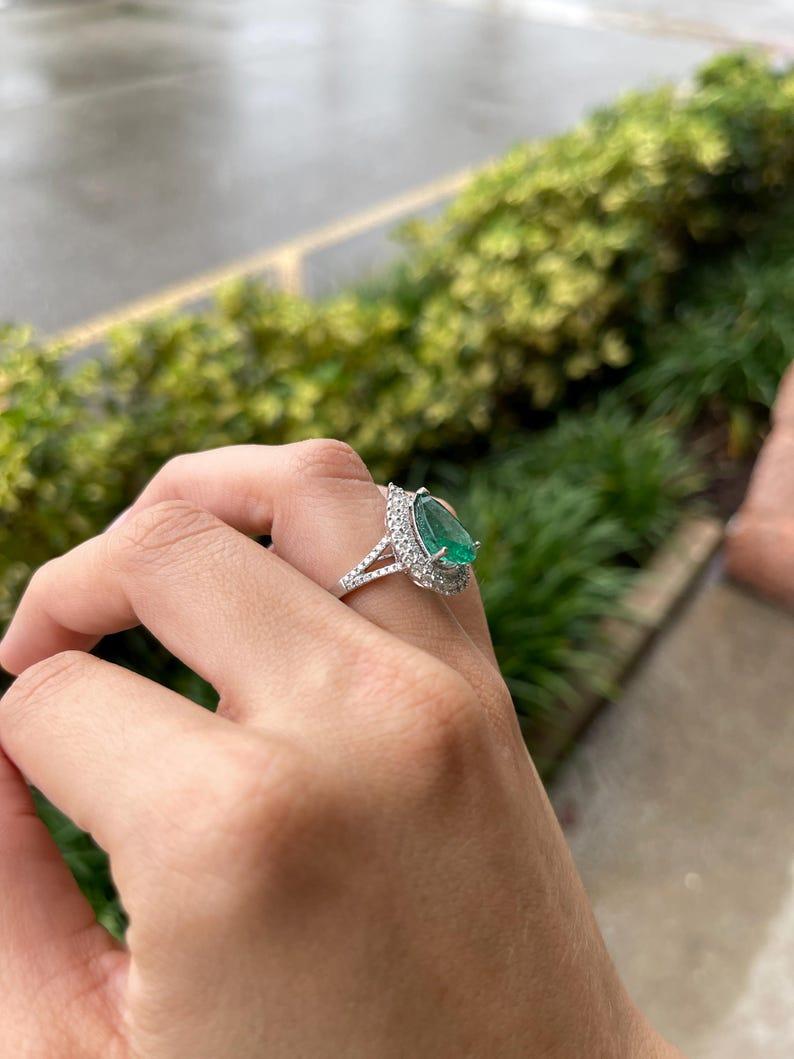 Women's 8.70tcw 18K Pear Cut Emerald & Double Diamond Halo Ring - Dark Green 585 Gold For Sale