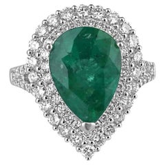 8.70tcw 18K Pear Cut Emerald & Double Diamond Halo Ring - Dark Green 585 Gold