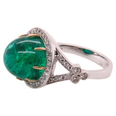 GIA 8.71 Carat Colombian Emerald Cabochon Dome Diamond 18K Gold Cocktail Ring 