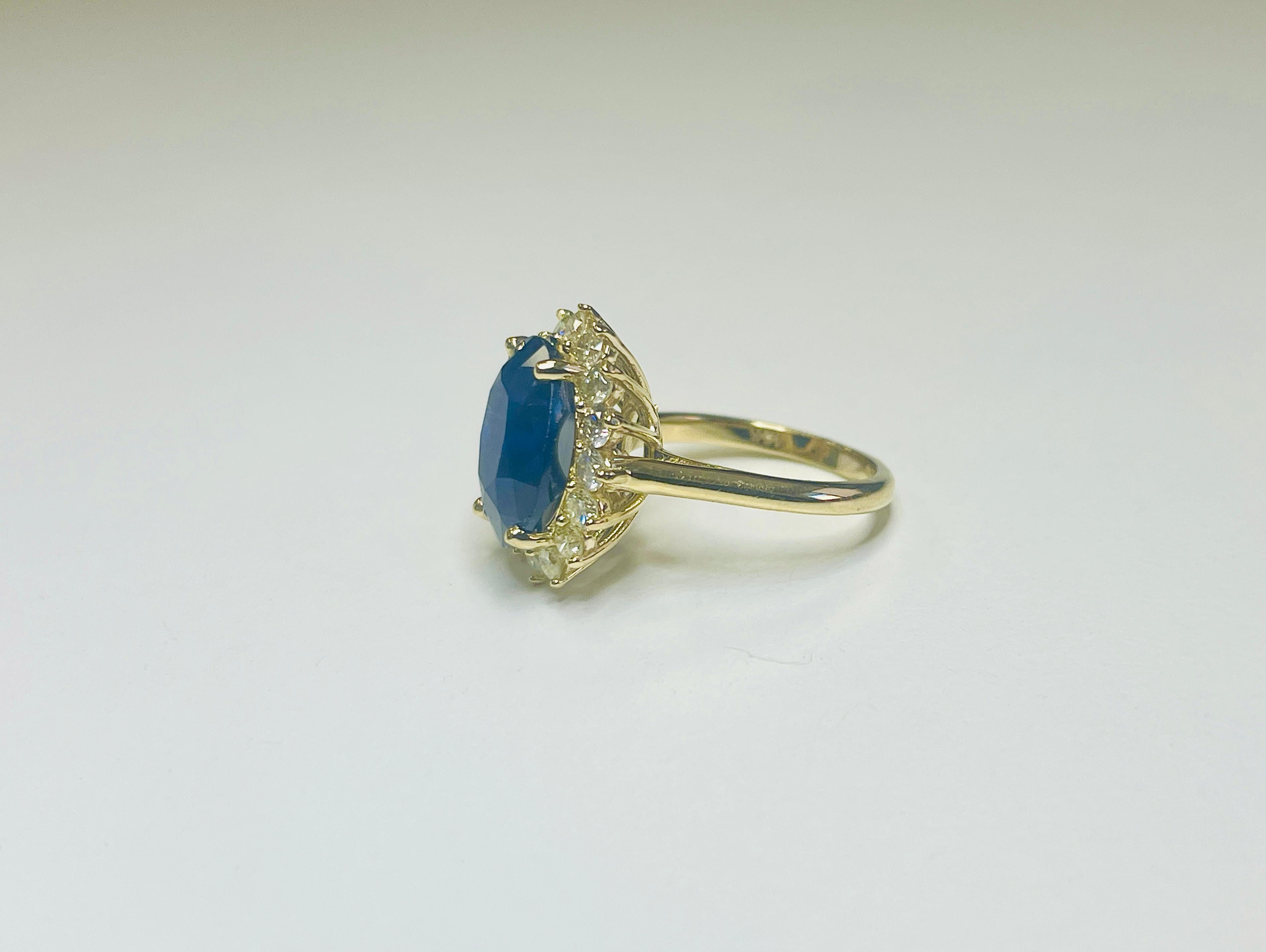 Cushion Cut 8.71 Carat Intense Blue Oval Cut Natural Sapphire 14K Yellow Gold Diamond Ring
