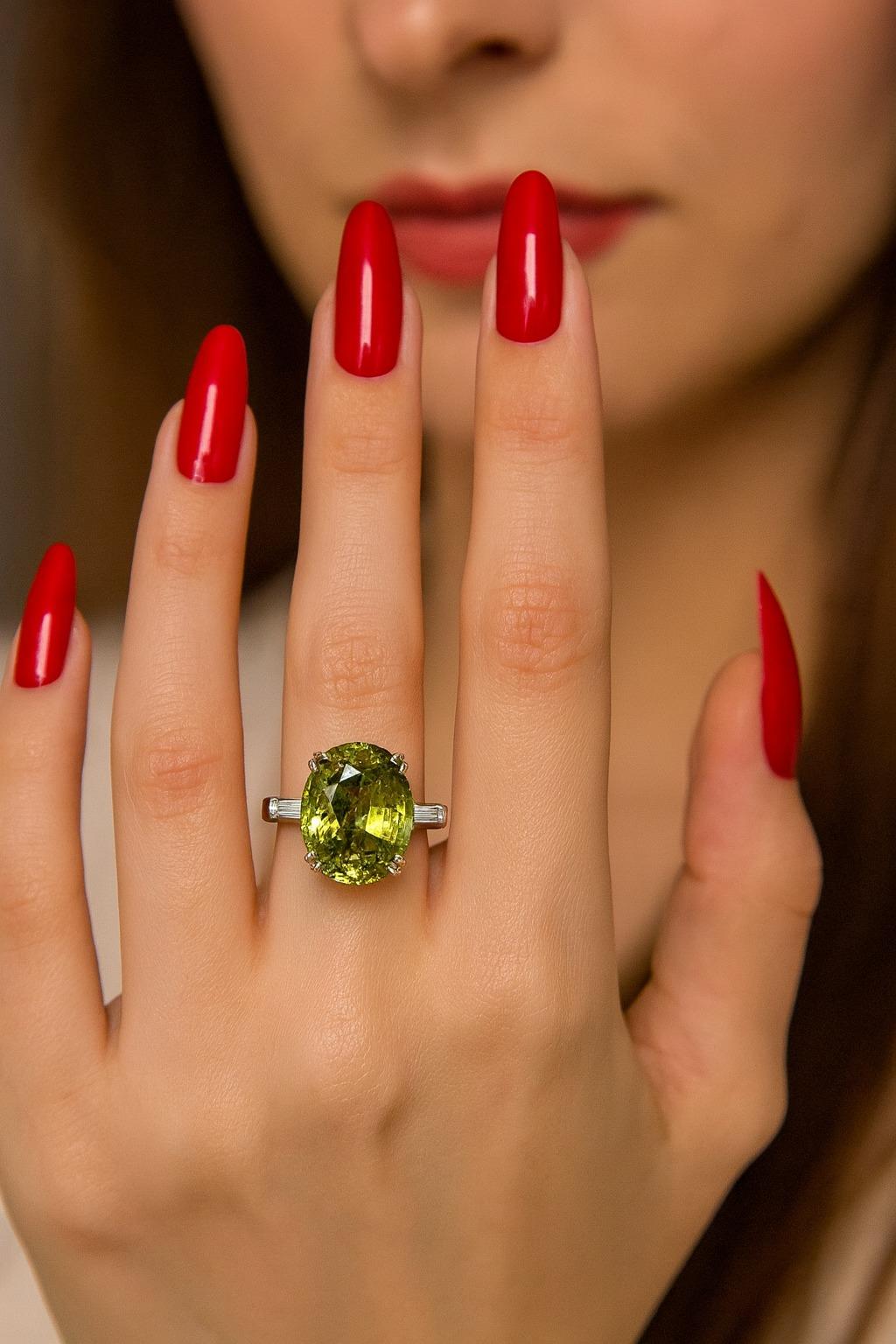 Anello di fidanzamento in platino da 8,71 carati con alessandrite taglio ovale e diamante a baguette affusolato

Un sorprendente anello di fidanzamento con una rara alessandrite dal taglio ovale del peso di 8,44 carati, che mostra una notevole