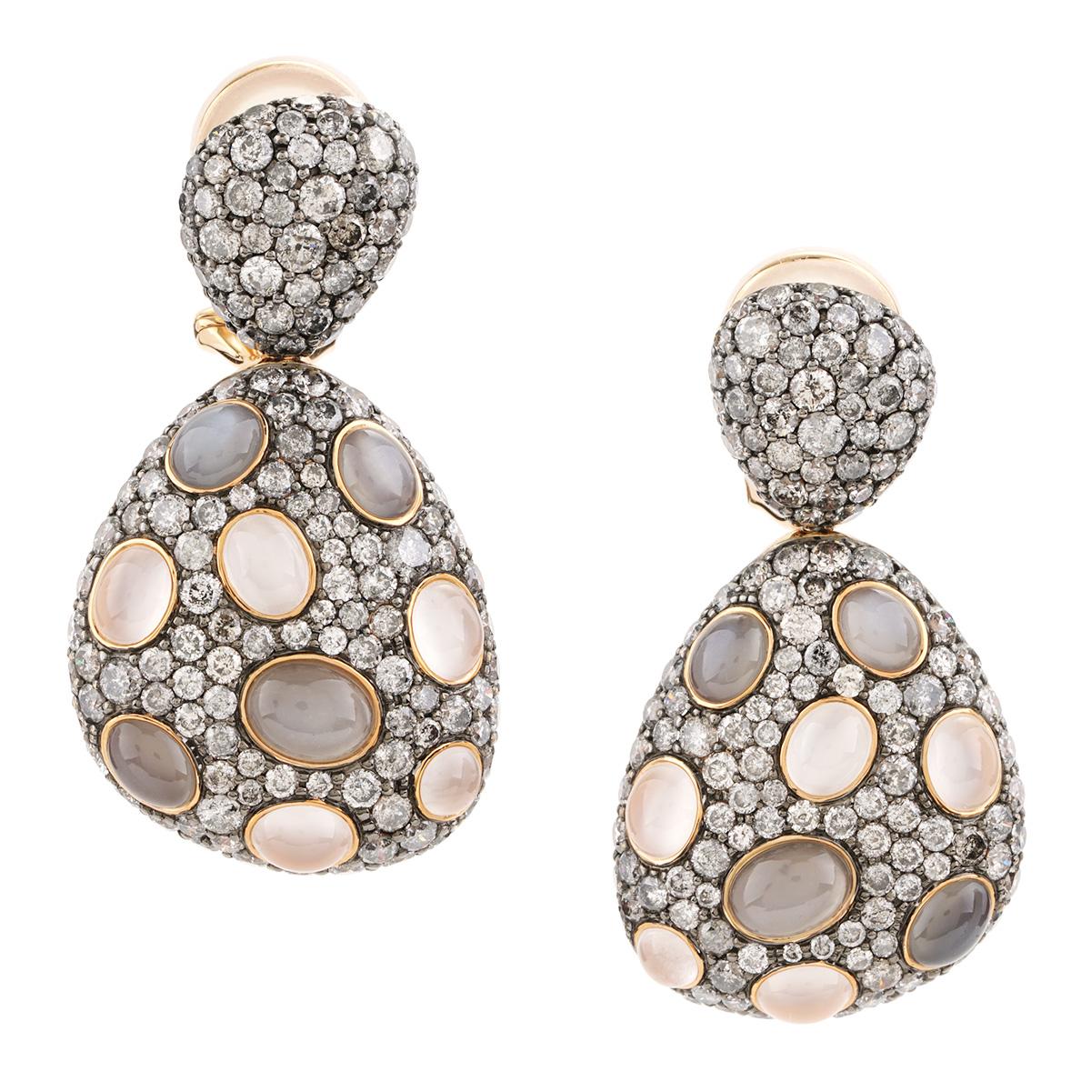 Cabochon 8.71 CTTW Cats Eye Moonstone And Diamond Drop Earrings in 18K Rose Gold For Sale