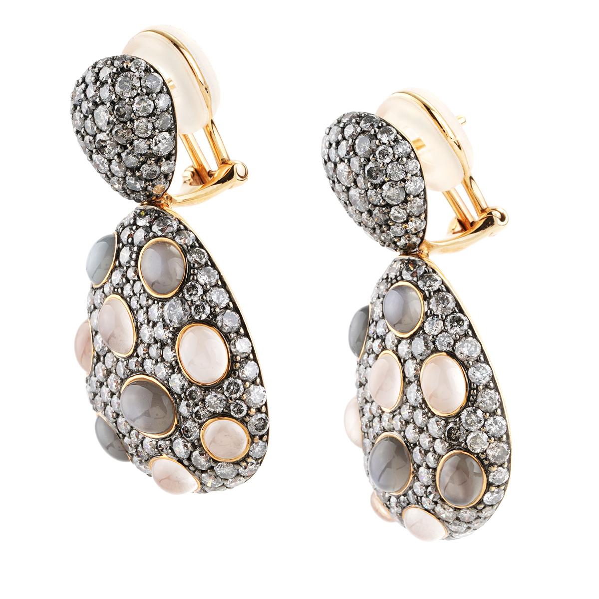 8.71 CTTW Cats Eye Moonstone And Diamond Drop Earrings in 18K Rose Gold In New Condition For Sale In Chicago, IL