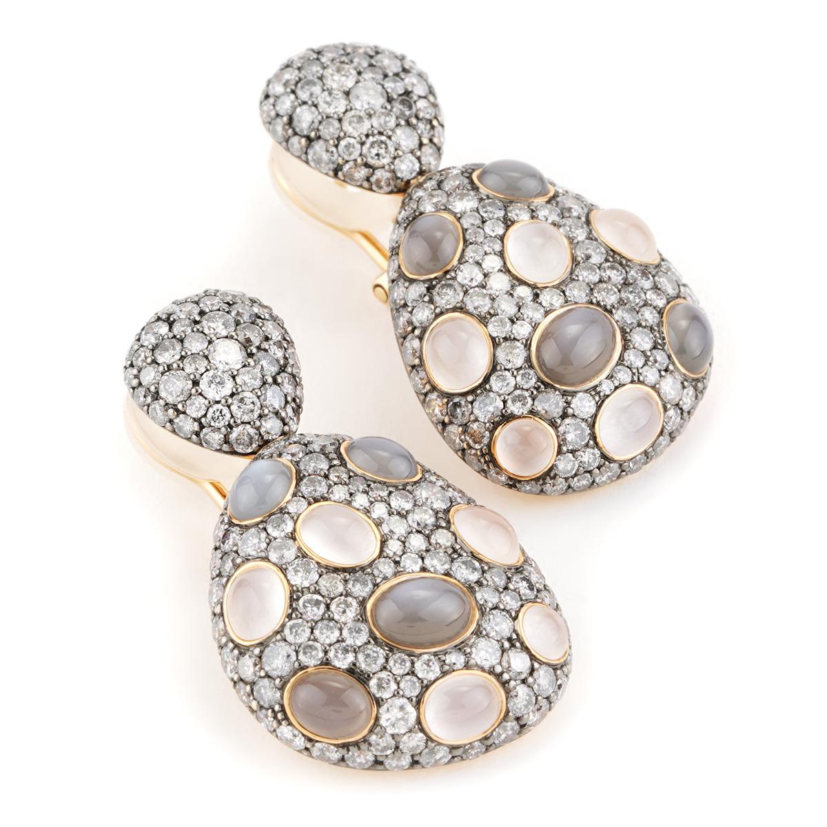 Women's or Men's 8.71 CTTW Cats Eye Moonstone And Diamond Drop Earrings in 18K Rose Gold For Sale
