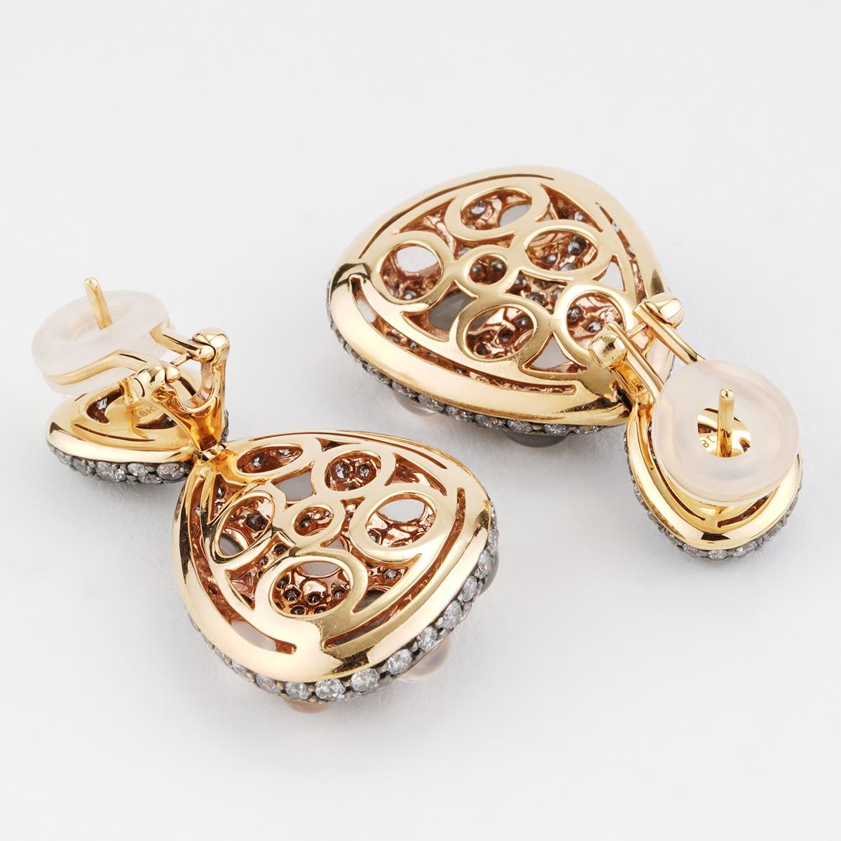 8.71 CTTW Cats Eye Moonstone And Diamond Drop Earrings in 18K Rose Gold For Sale 1
