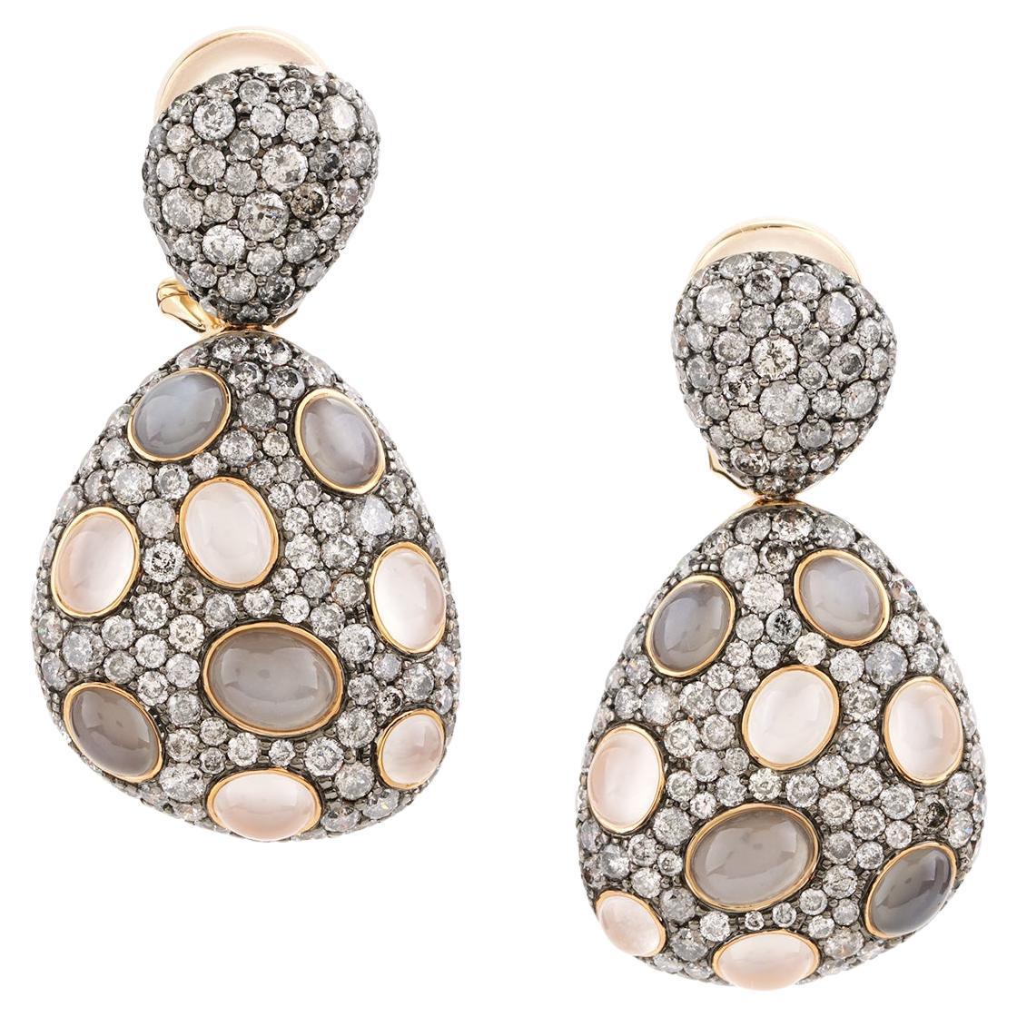 8.71 CTTW Cats Eye Moonstone And Diamond Drop Earrings in 18K Rose Gold For Sale