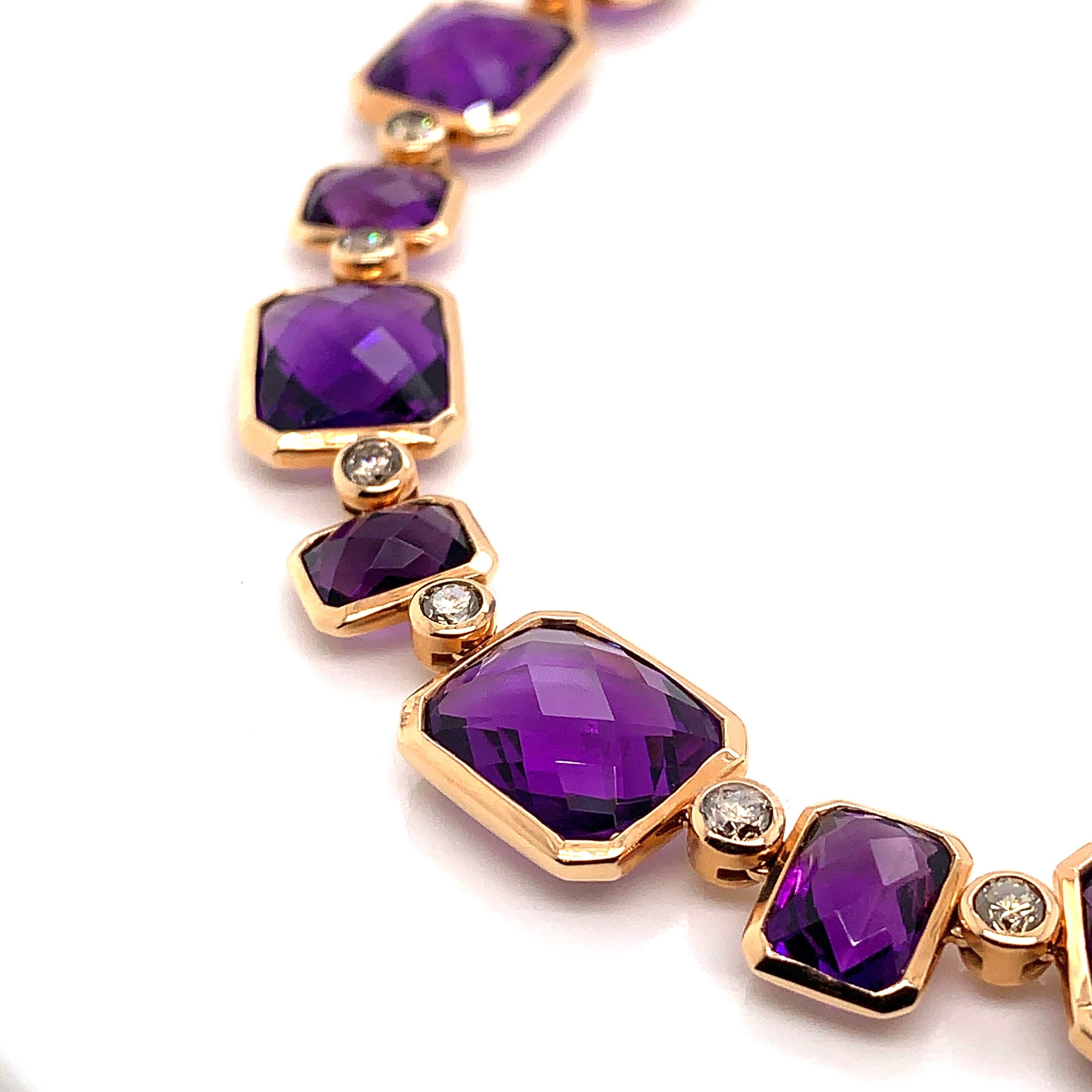 Contemporary 87.12 Carat Amethyst Necklace in 18 Karat Rose Gold with Diamonds For Sale