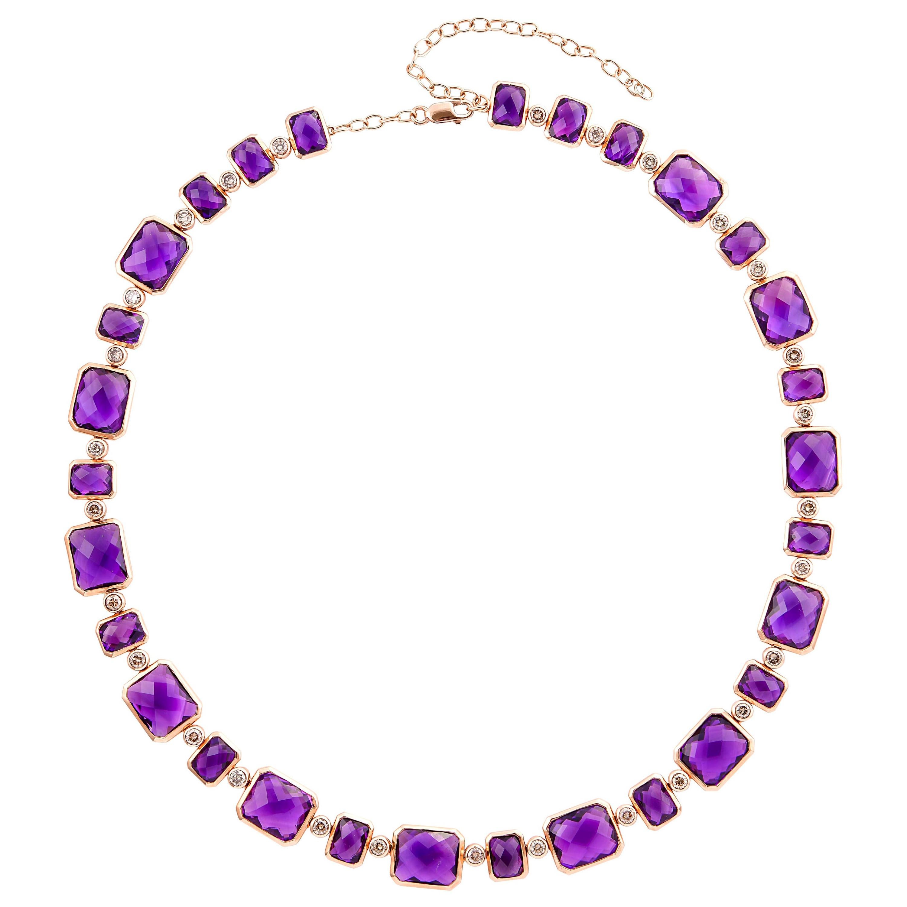 87.12 Carat Amethyst Necklace in 18 Karat Rose Gold with Diamonds For Sale