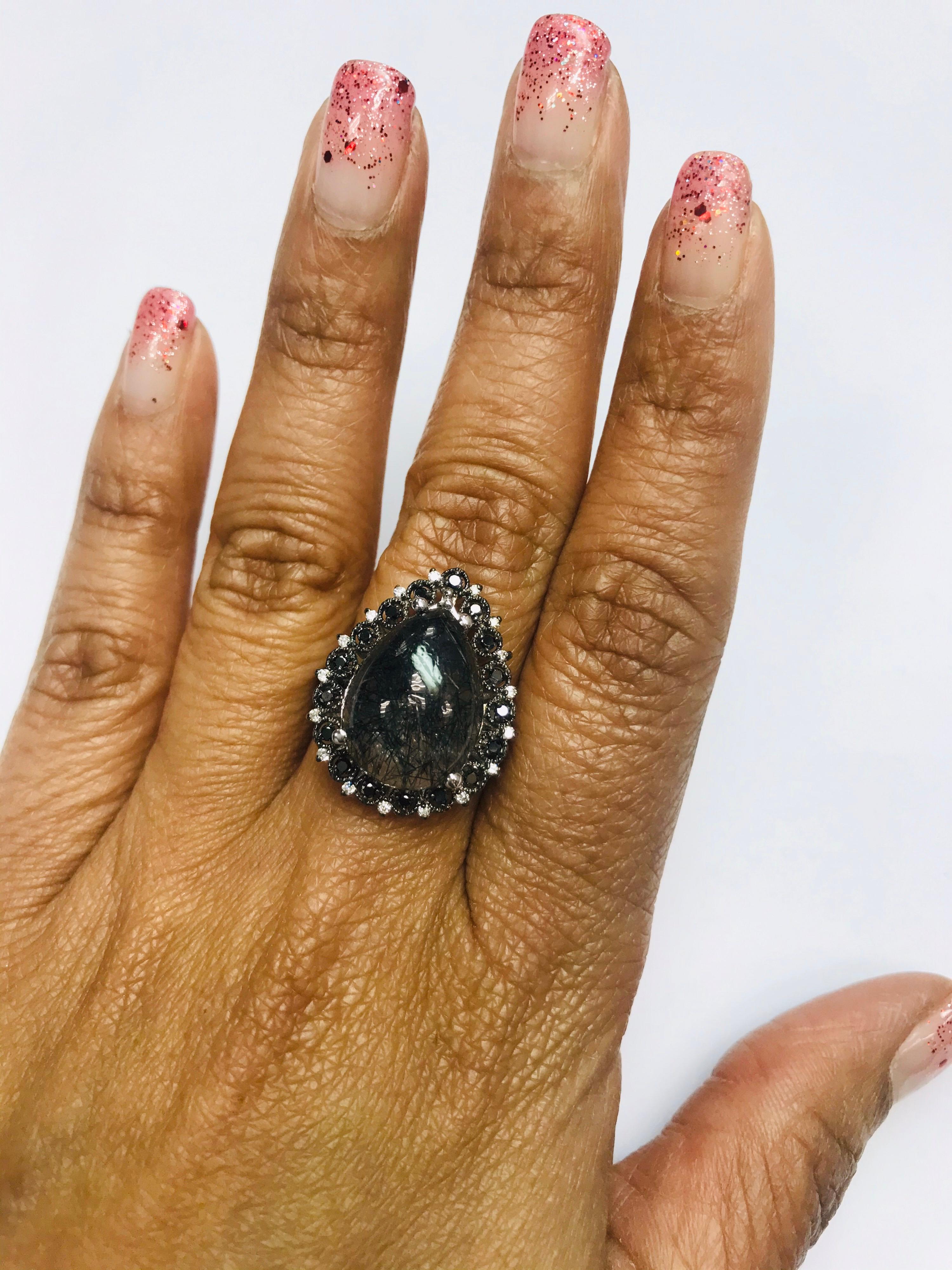 8.72 Carat Black Diamond Quartz and Diamond White Gold Cocktail Ring In New Condition For Sale In Los Angeles, CA