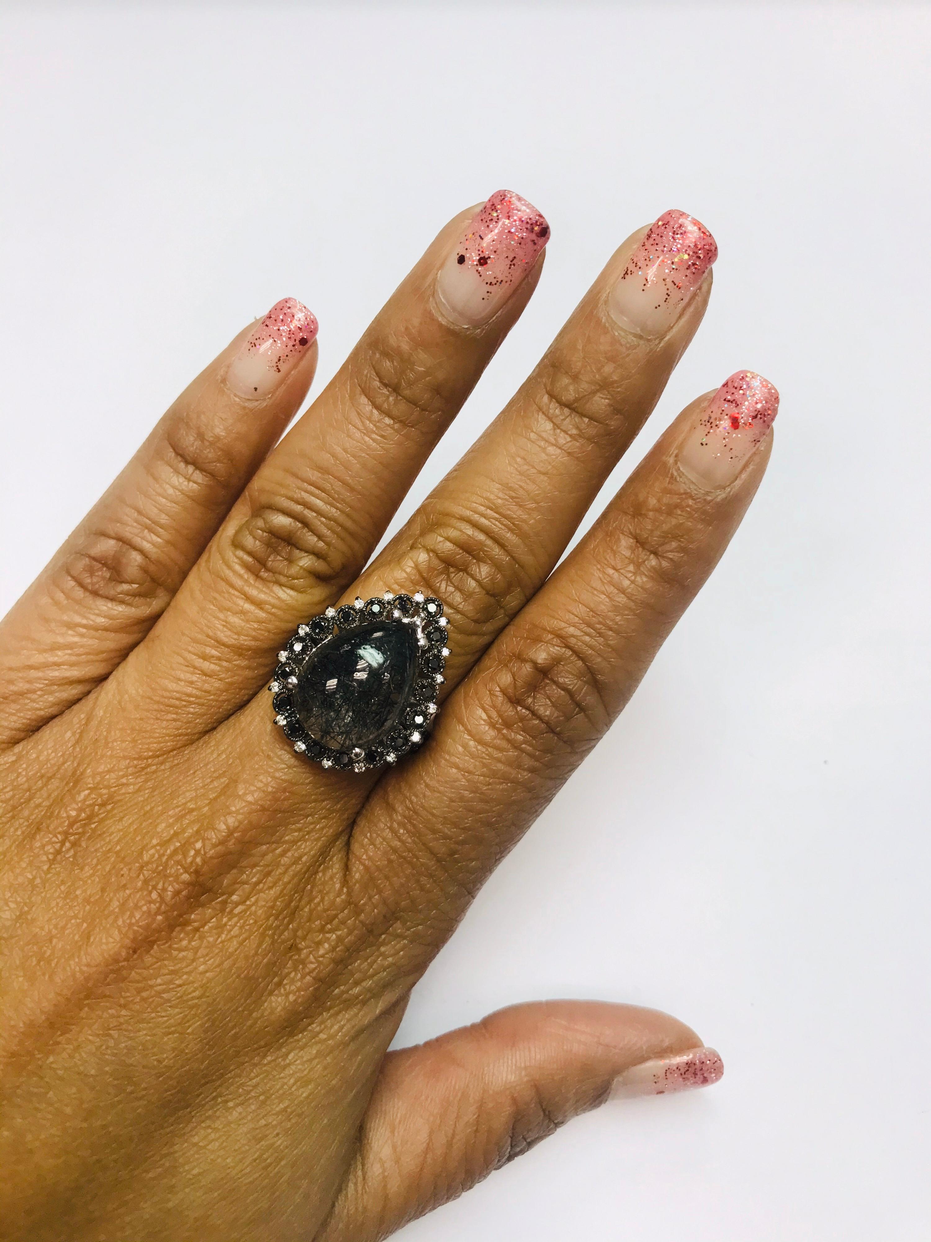 8.72 Carat Black Diamond Quartz and Diamond White Gold Cocktail Ring For Sale 1