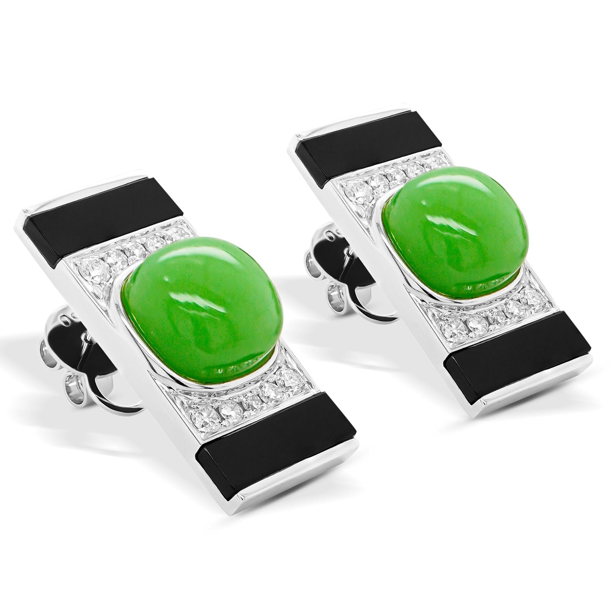 Channel the timeless elegance of the Art Deco era with these exquisite 8.72-carat Chrysoprase and Onyx earrings. Crafted in radiant 18K gold, these earrings are a stunning blend of bold geometric design, vivid gemstones, and sparkling diamonds,