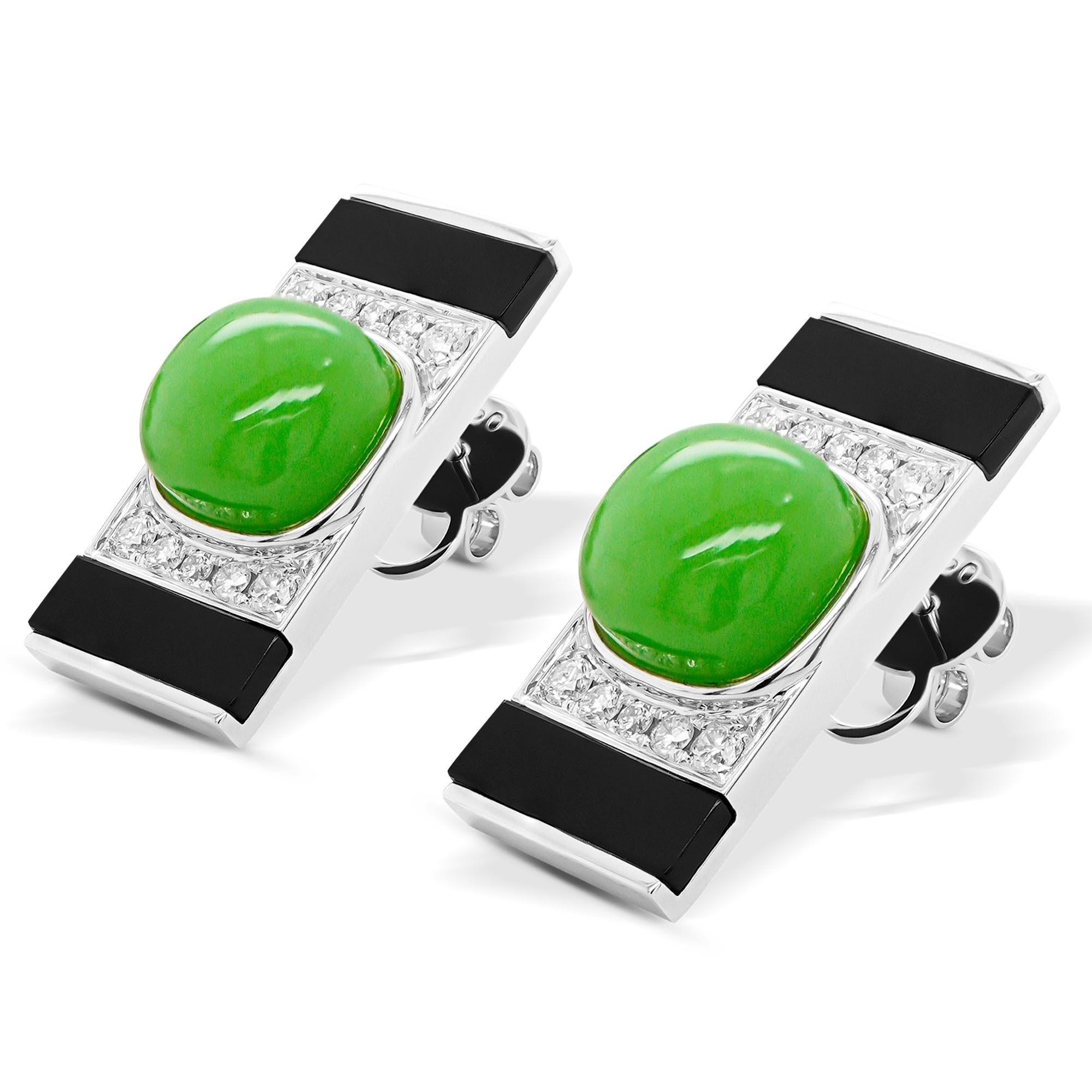 8.72 Carat Chrysophase (Jade Look Alike ) & Onyx Art Deco 18K Earring (Ovalschliff) im Angebot