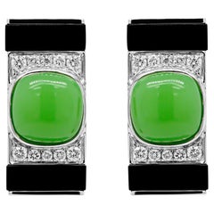 8.72 Carat Chrysophase (Jade Look Alike ) & Onyx Art Deco 18K Earring